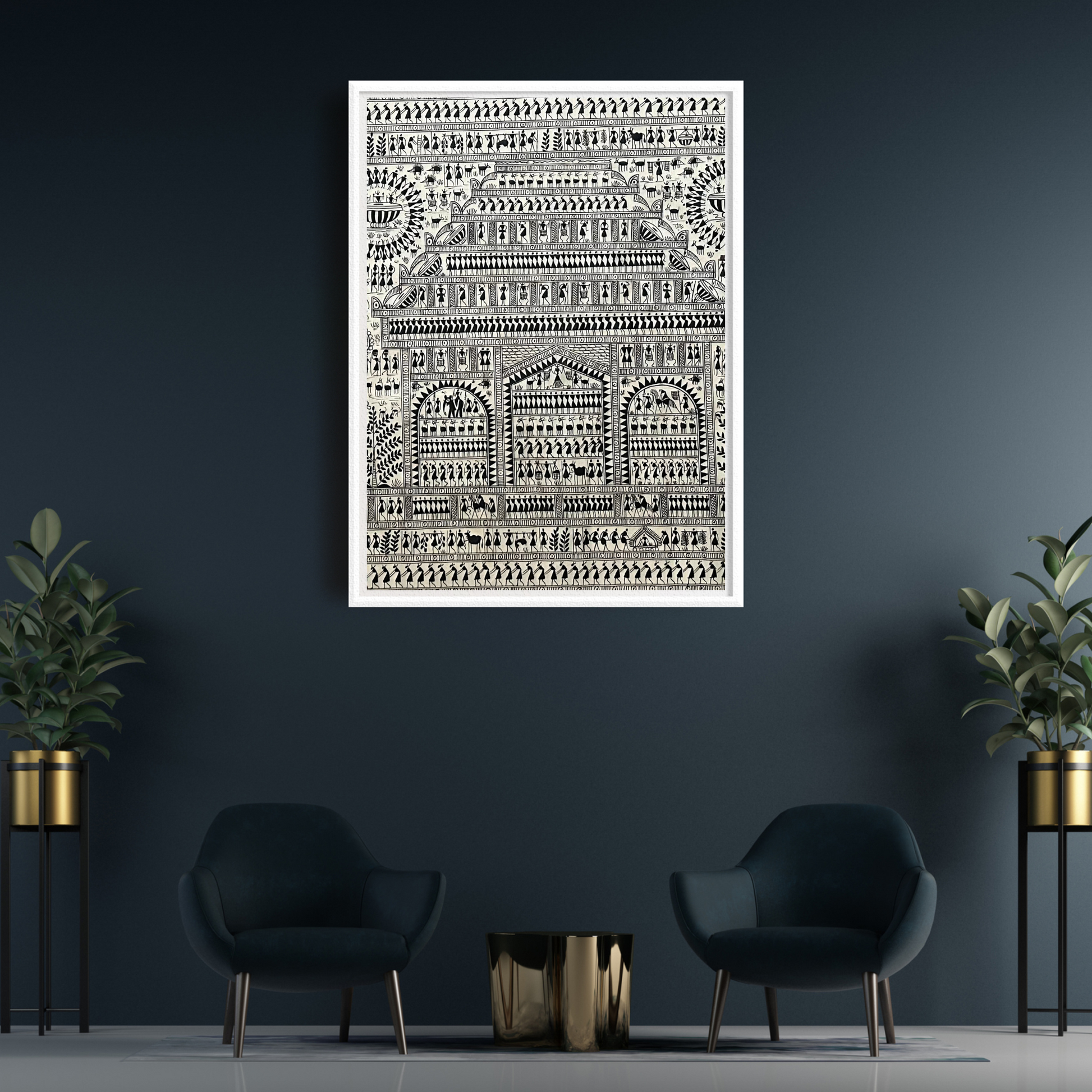 Traditional Indian artwork in black and white, Warli style.