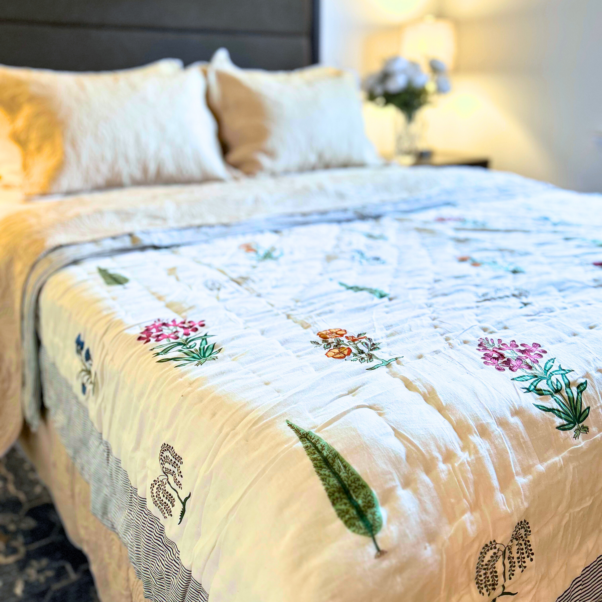 Classic cream Jaipuri block print quilt, reversible style.