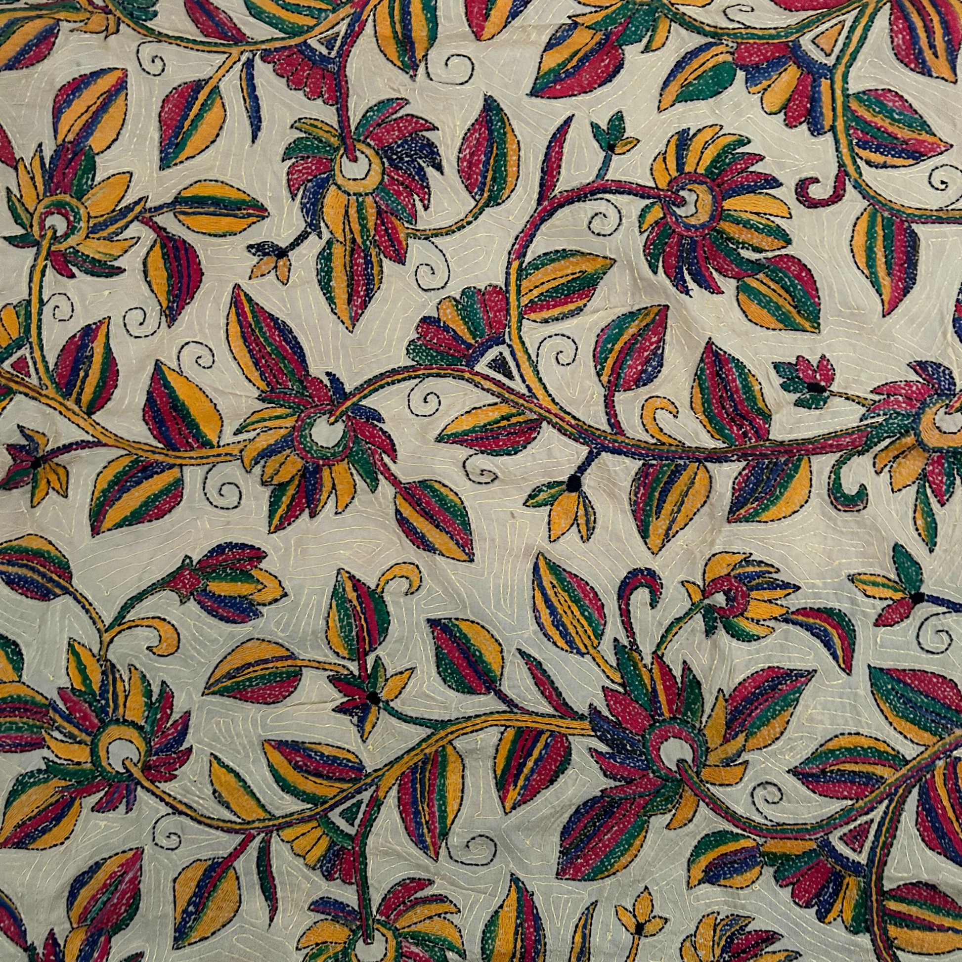 Beautiful Nakshi Kantha tapestry in Tussar silk with garden prints.