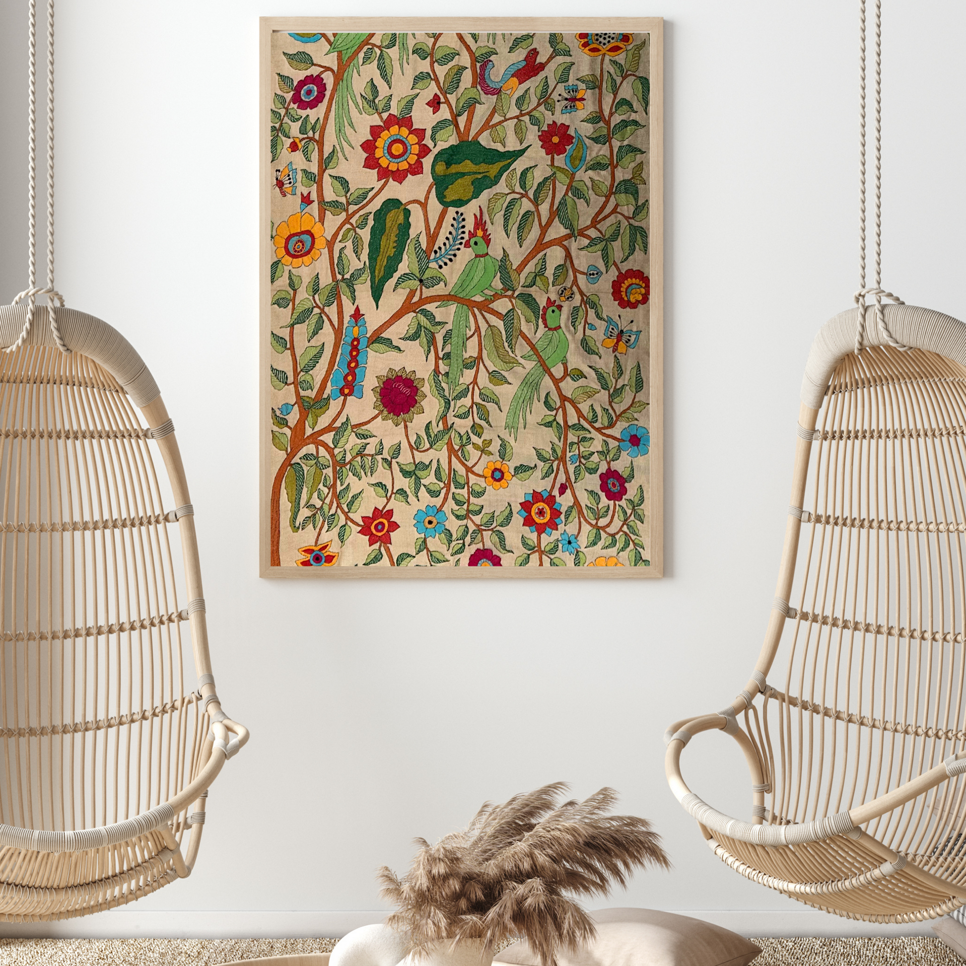 Forest-inspired handcrafted silk tapestry decor.