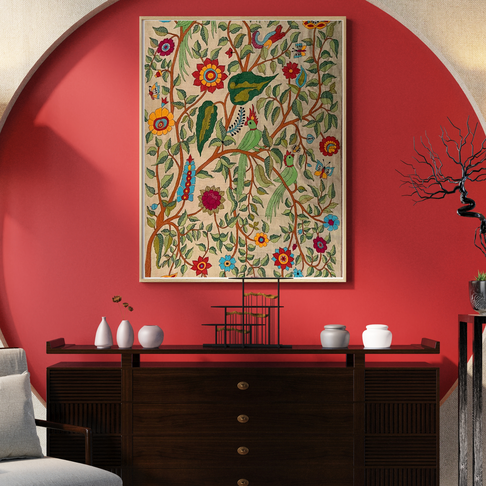 Elegant Nakshi Kantha Tussar silk tapestry with forest theme.