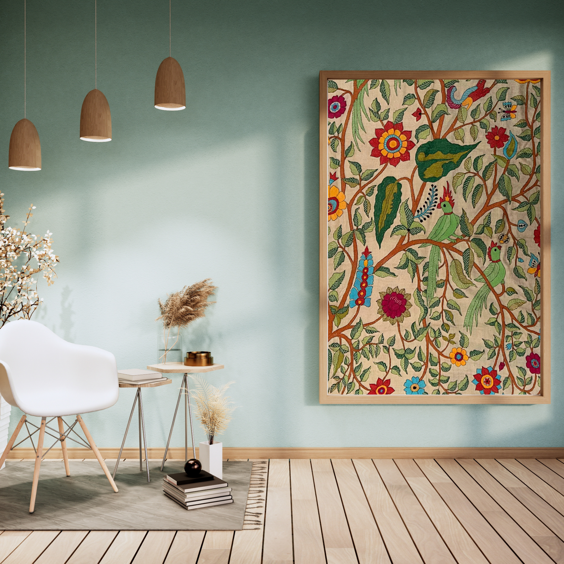 Forest-themed Nakshi Kantha Tussar silk wall hanging decor.