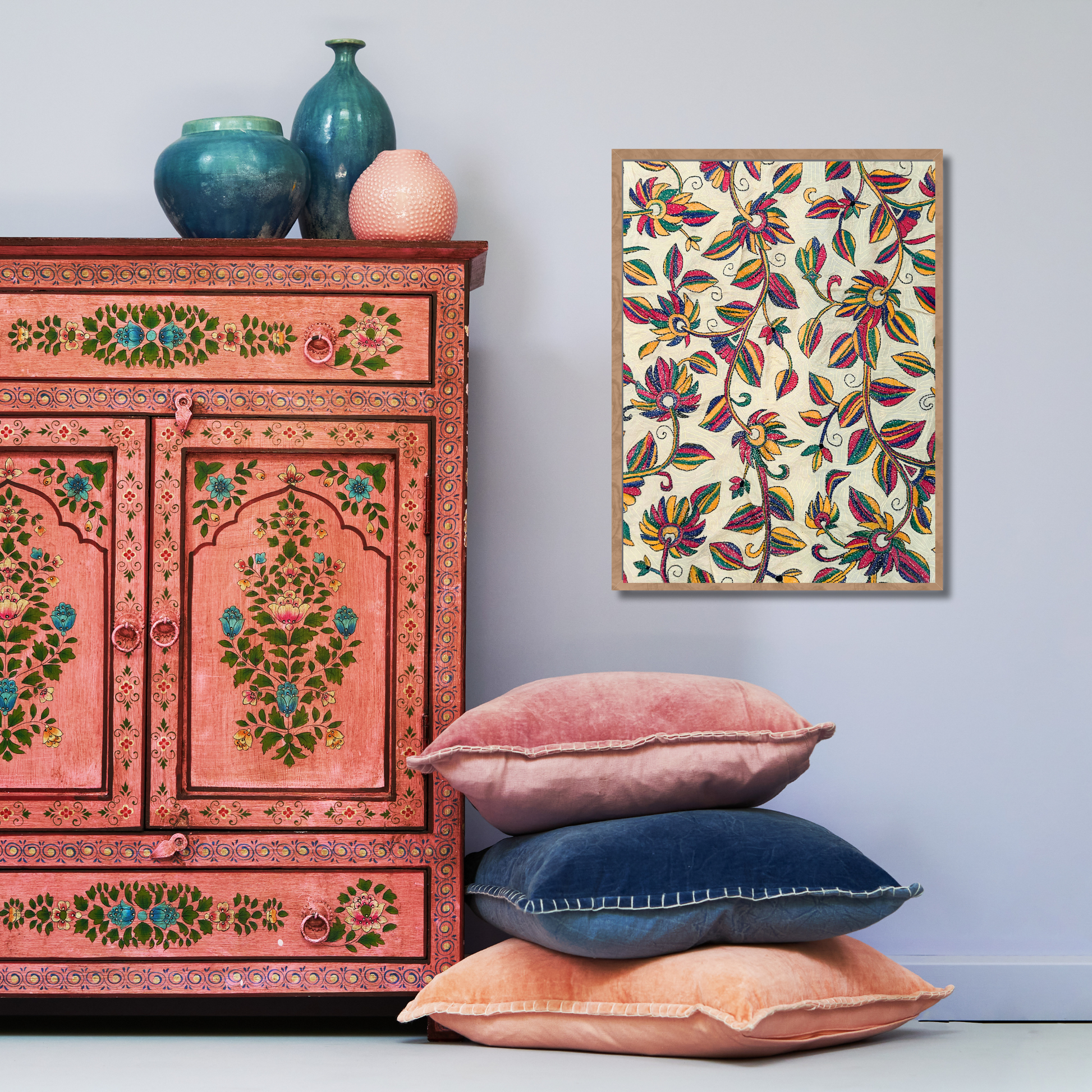 Decorative Tussar silk tapestry wall hanging with garden motifs.
