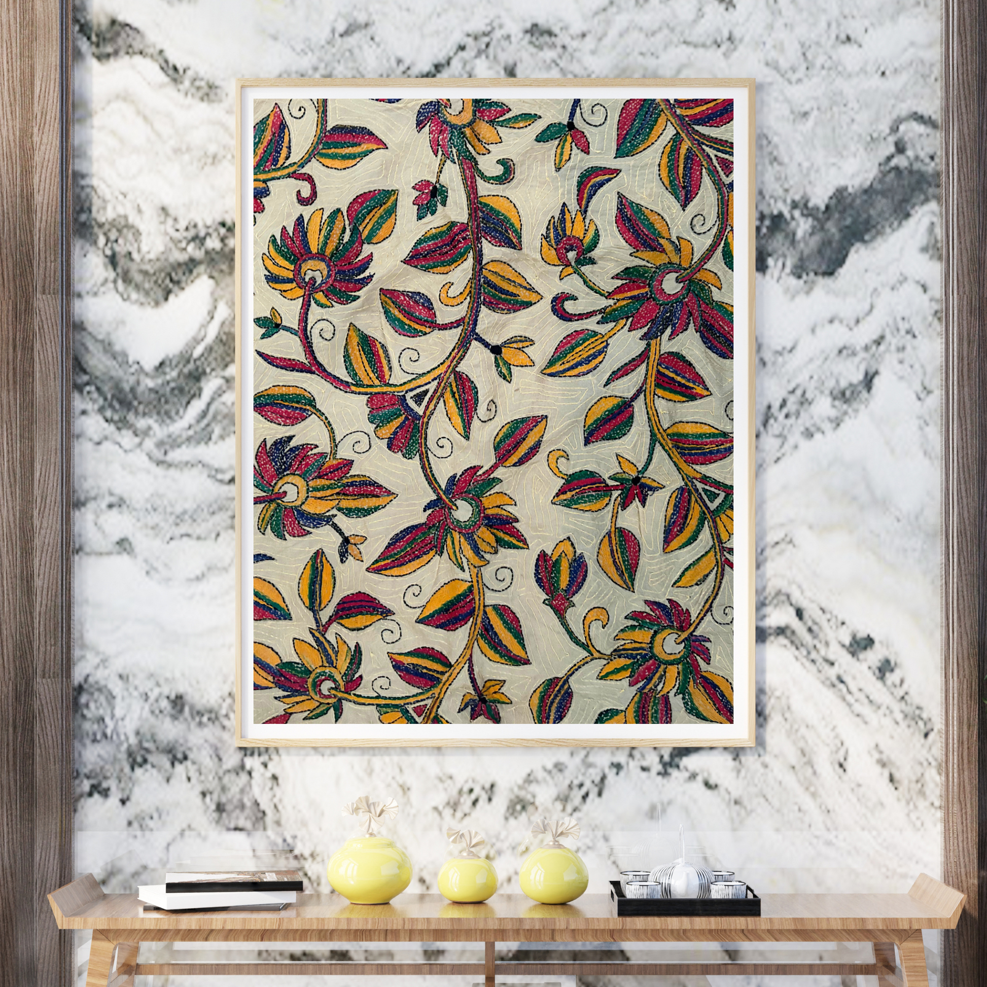 Unique Nakshi Kantha Tussar silk tapestry wall decor.