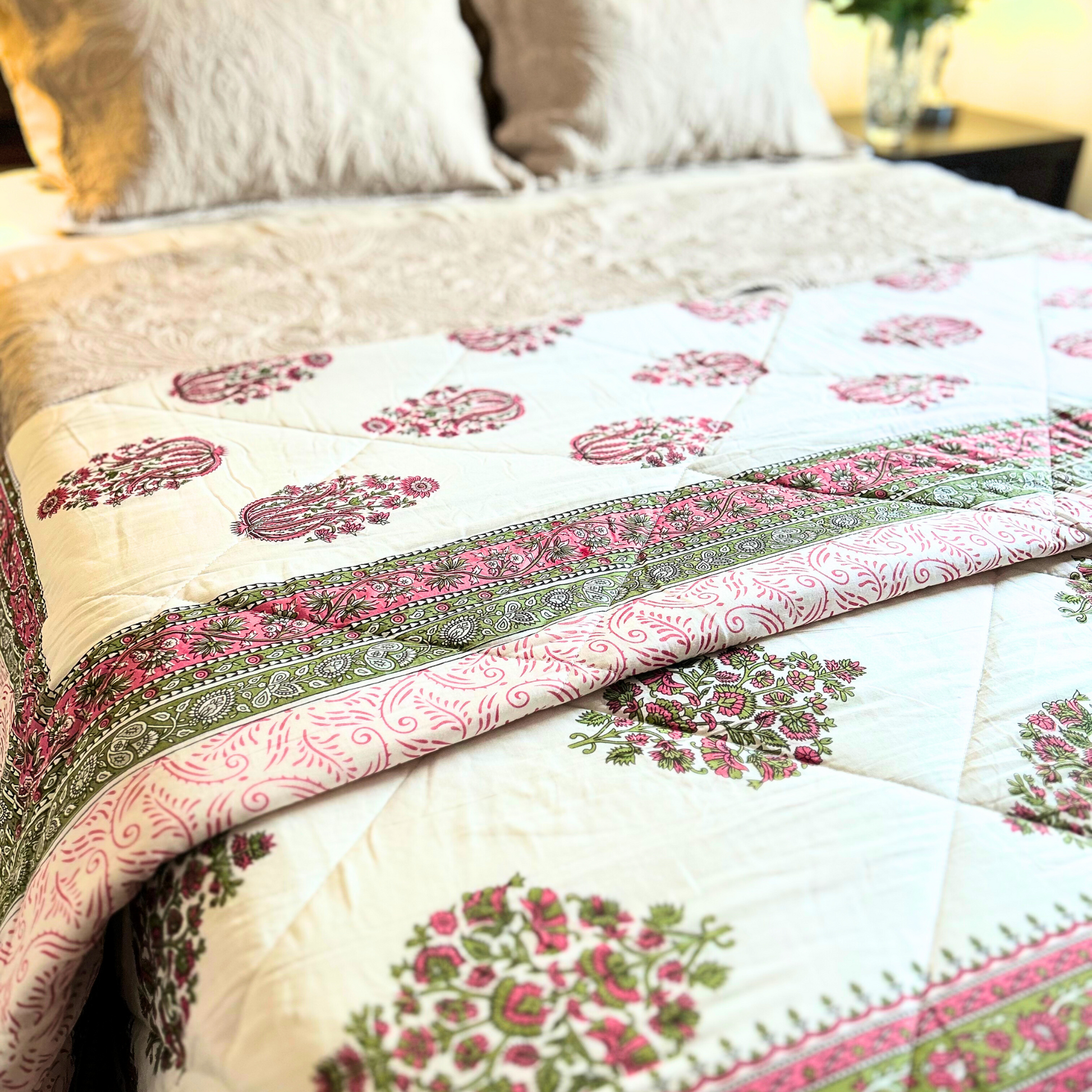 Stylish Kantha cotton quilt, perfect as a decorative throw.