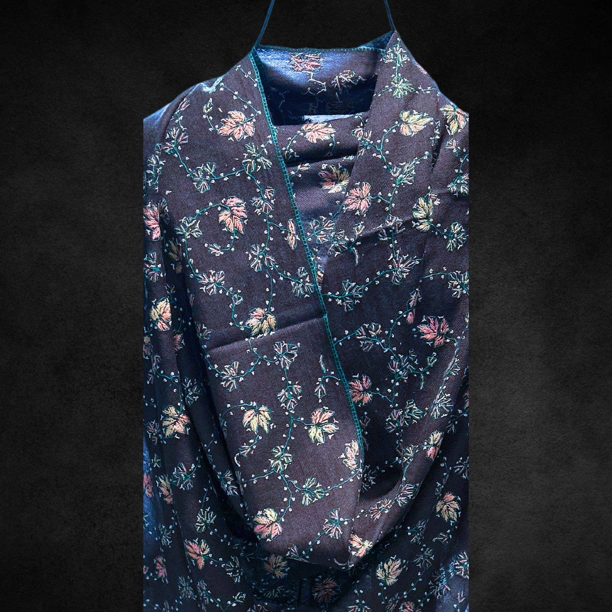 Handwoven Midnight Meadows pashmina shawl, certified cashmere.