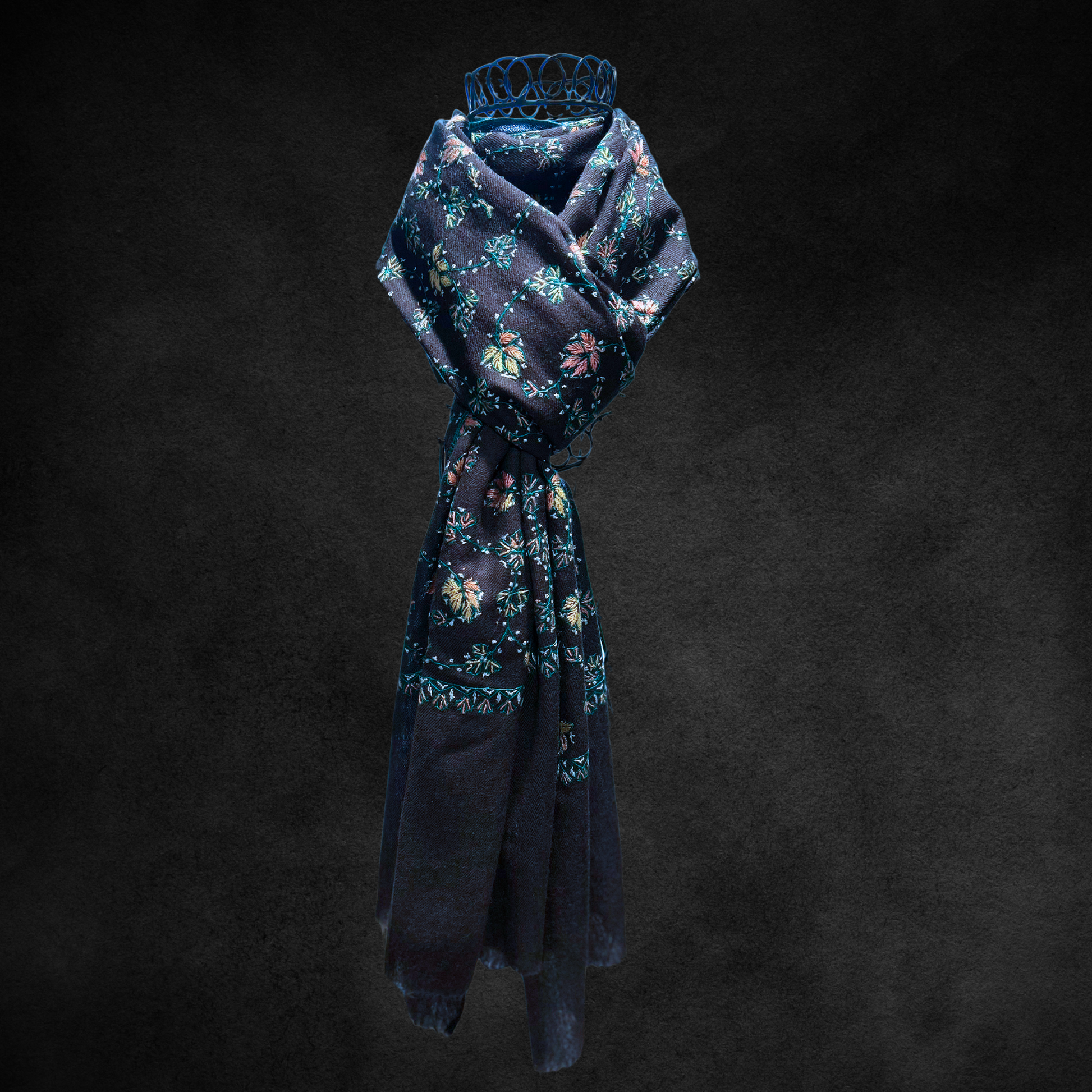 Luxurious Midnight Meadows shawl in handwoven cashmere.