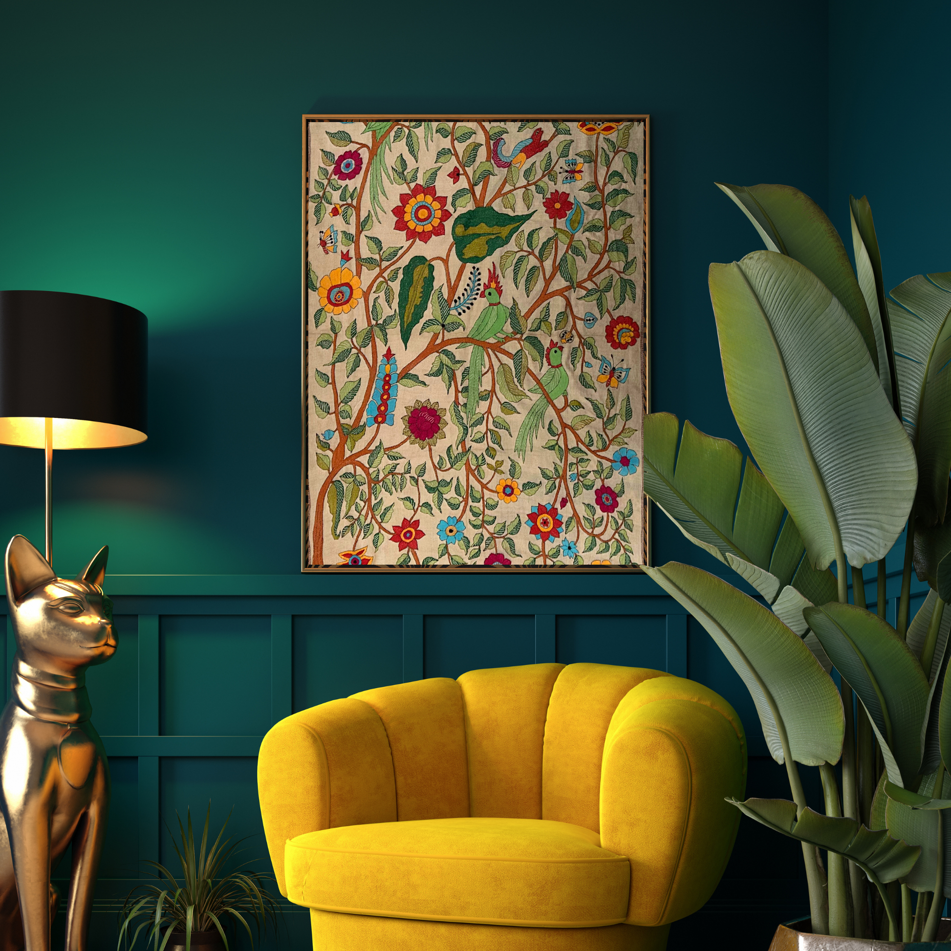 Handcrafted Nakshi Kantha Tussar silk tapestry wall hanging.