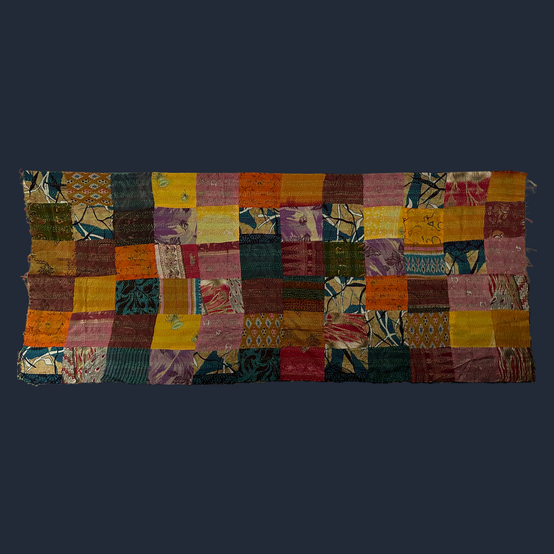 Patchwork 2 tussar silk tapestry, artisan Nakshi Kantha decor.
