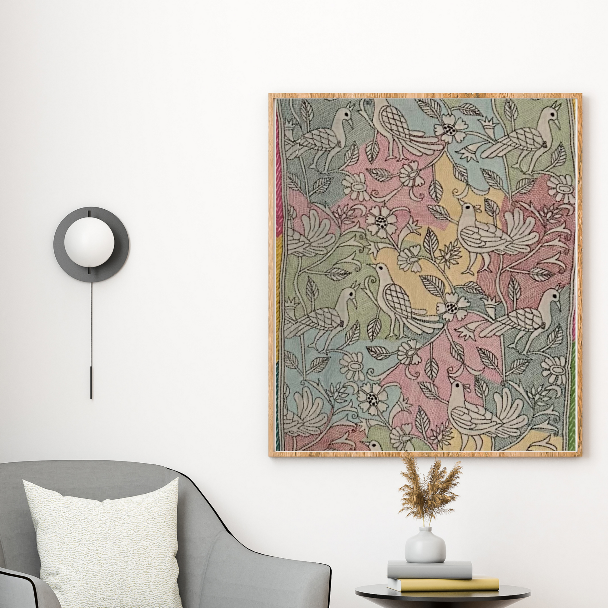 Artisanal Nakshi Kantha tapestry featuring fauna.