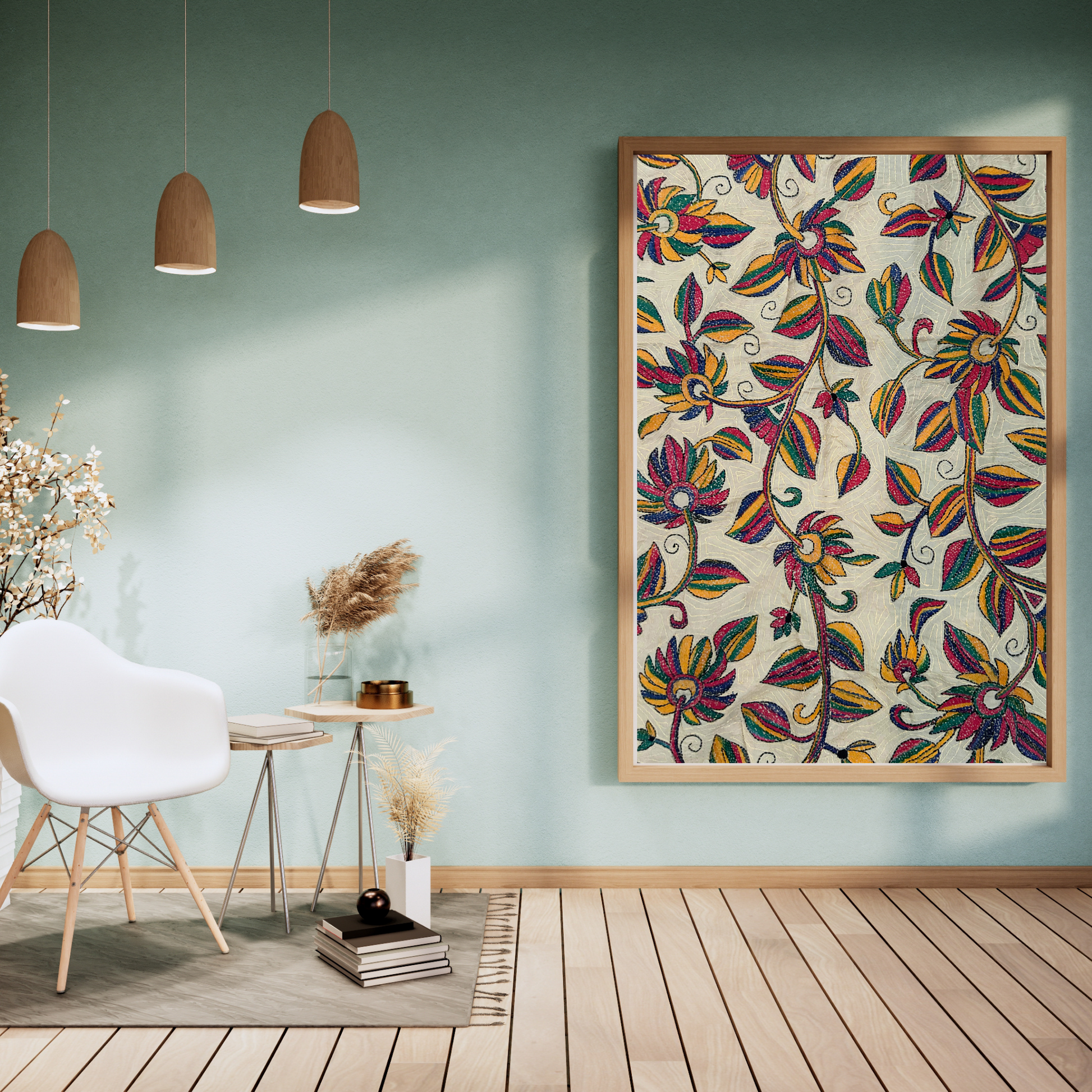 Artisanal Nakshi Kantha tapestry inspired by garden elements.