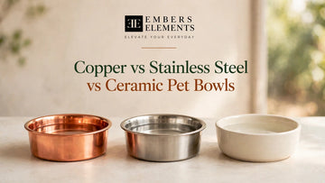Embers Elements blog cover: copper vs stainless steel vs ceramic pet bowls — the three bowls in a row