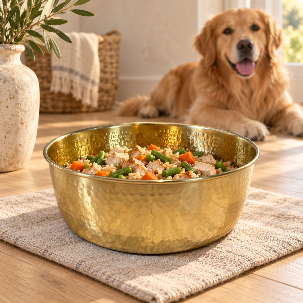 AURORA hand-hammered brass pet food bowl filled with a rice, chicken and vegetable meal, with a Golden Retriever resting on a woven rug in the background