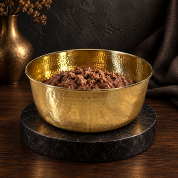 AURORA hand-hammered brass pet food bowl filled with kibble, moody studio setting with a brass vase