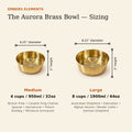 AURORA hand-hammered solid brass pet food bowl size guide showing Medium 32 oz and Large 64 oz dimensions