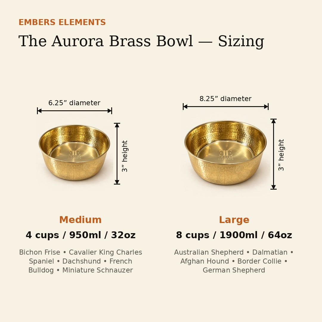 AURORA hand-hammered solid brass pet food bowl size guide showing Medium 32 oz and Large 64 oz dimensions