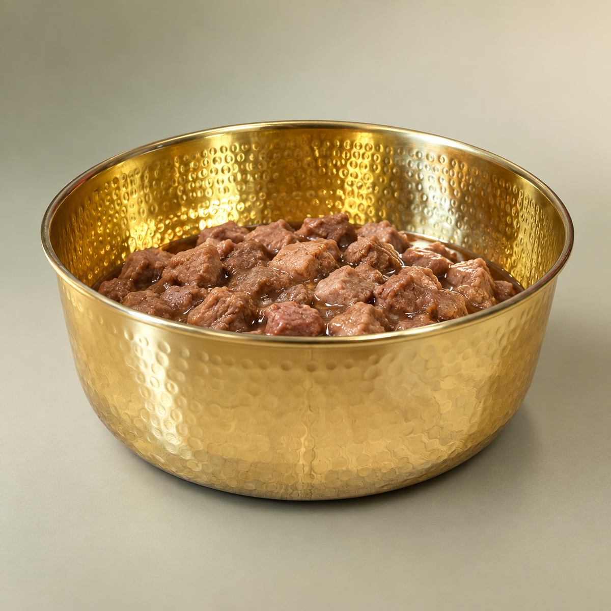 AURORA hand-hammered brass pet food bowl filled with wet meat-chunk food, studio shot