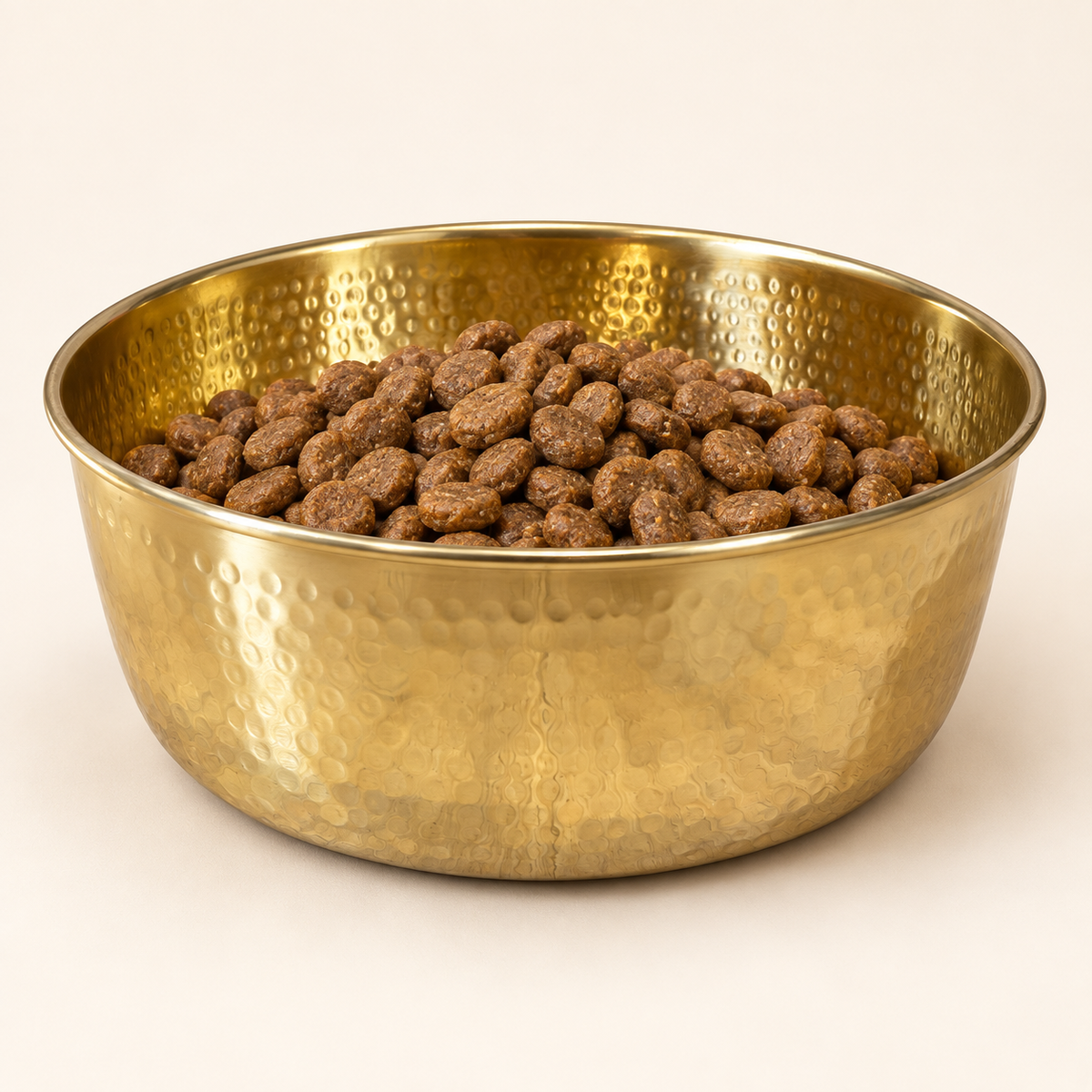 AURORA hand-hammered brass pet food bowl filled with dry kibble, studio shot on a cream background