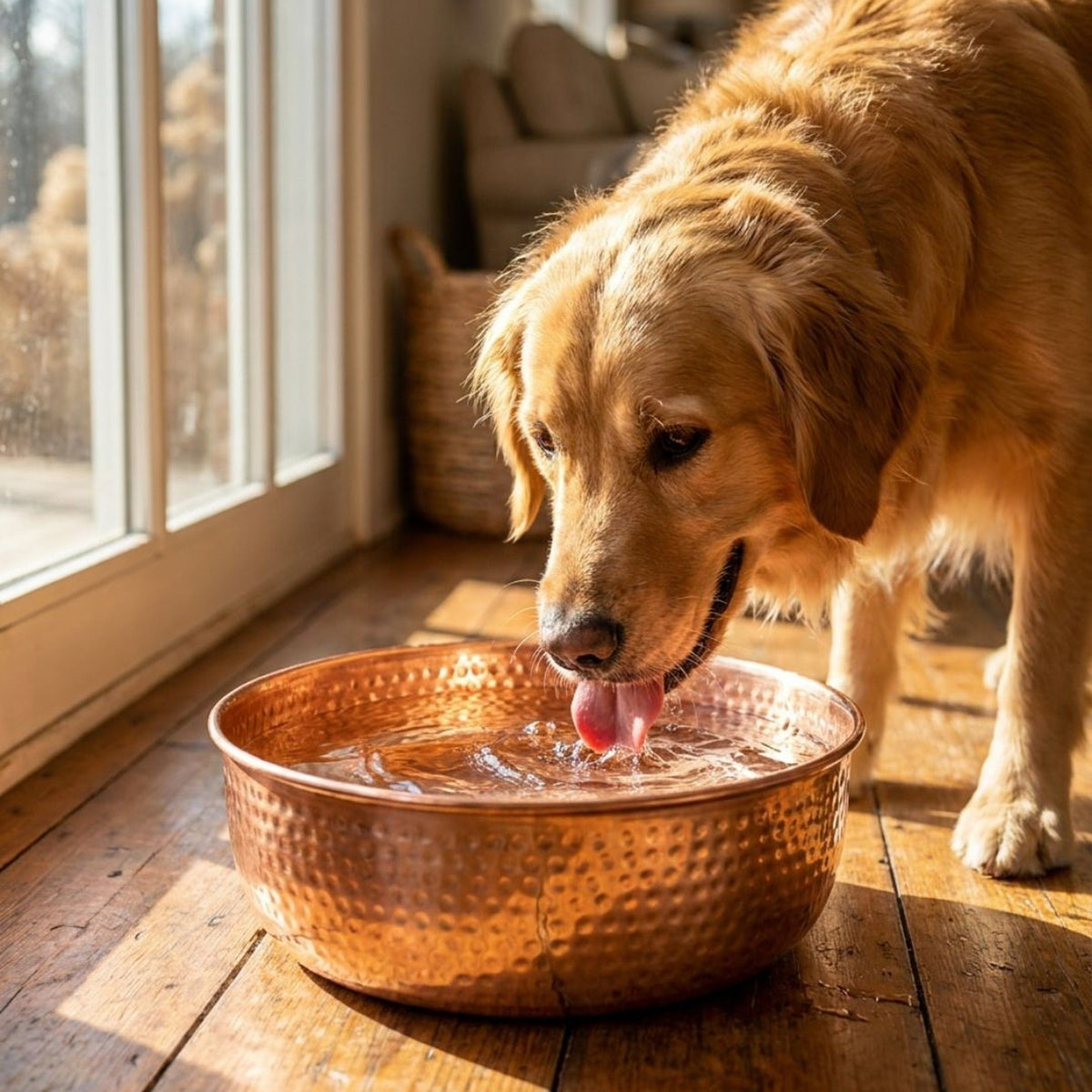 Golden retriever drinking from the AURORA copper water bowl
