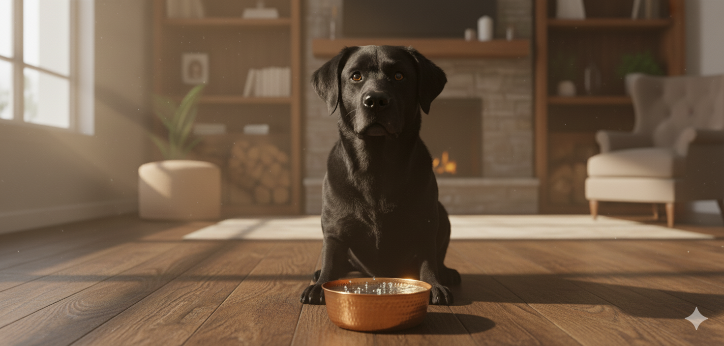 Black dog sitting on a wooden floor with embers elements copper water bowl in a cozy living room.