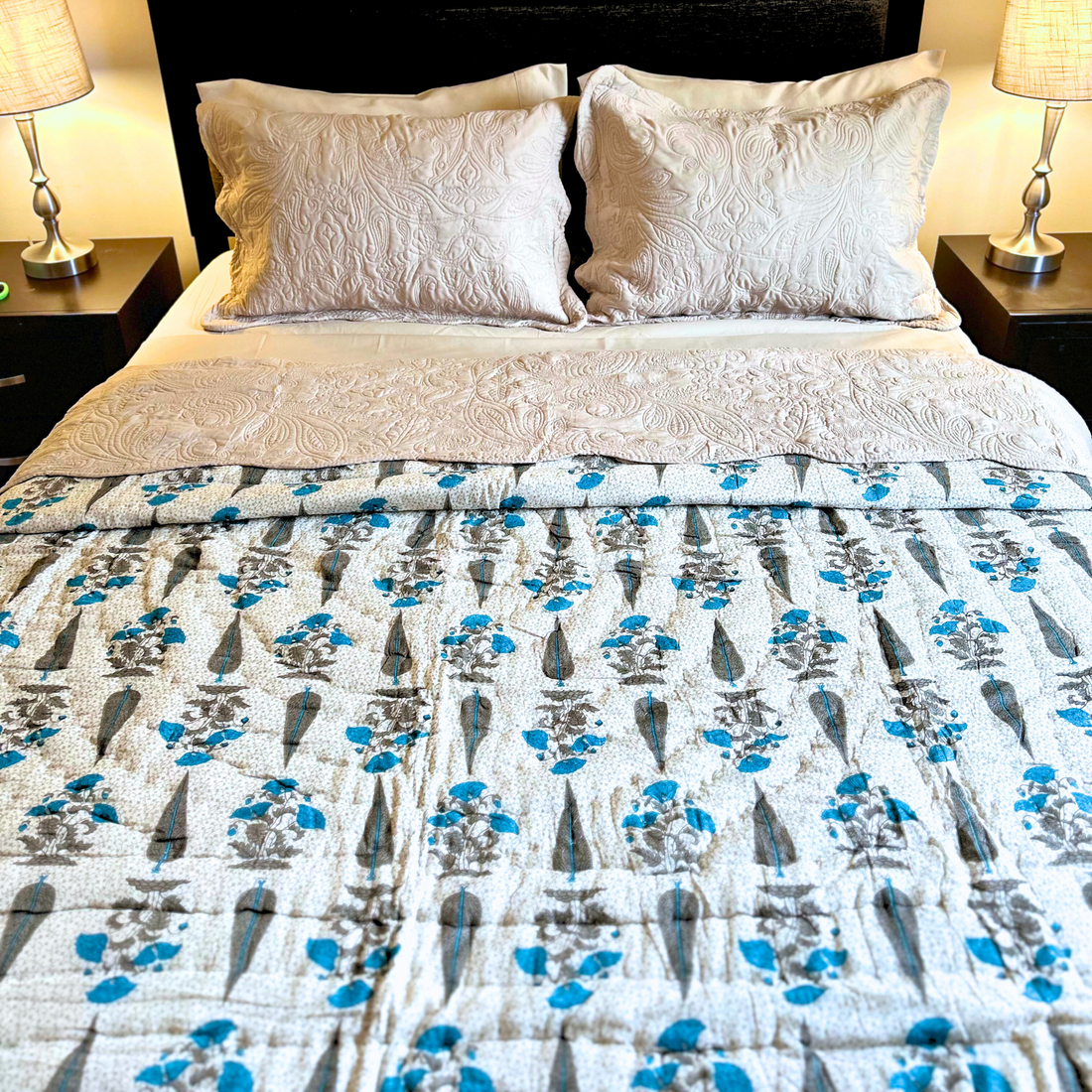 Lightweight Jaipuri block print reversible quilt in blue and gray.