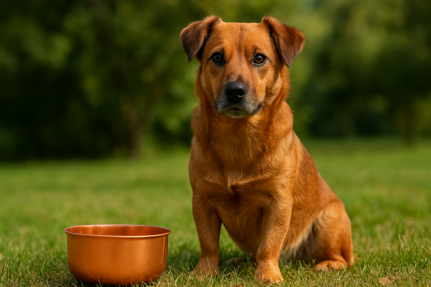 Brown dog sitting on grass next to embers elements copper bowl