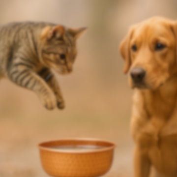 Cat and dog looking at each other with embers elements copper bowl of water in the foreground.
