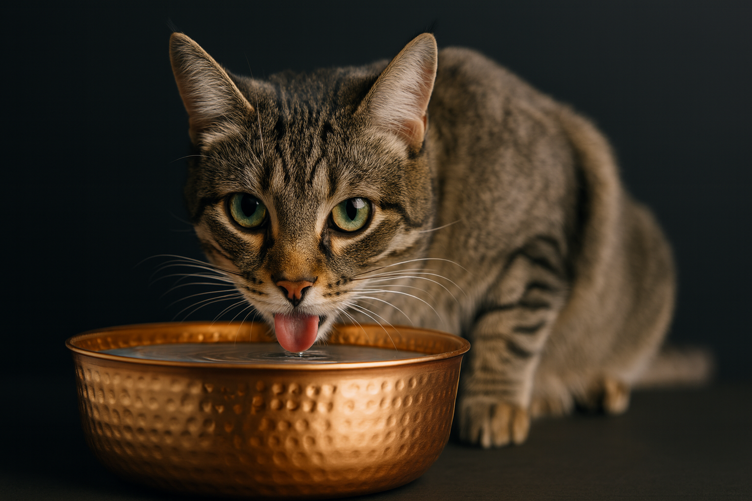 Cat drinking from a embers elements copper water bowl on a dark background