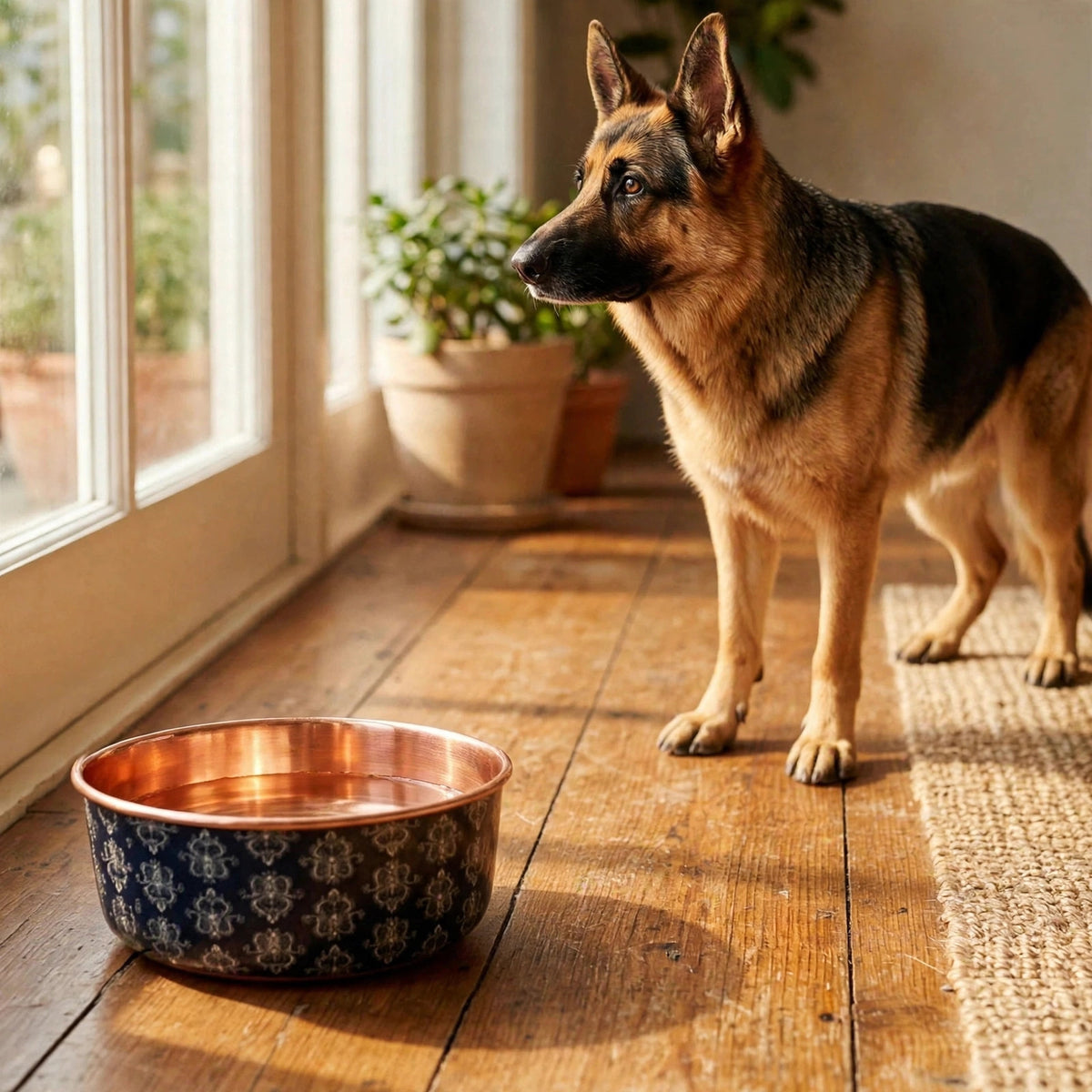 German Shepherd standing beside a DAMASK navy damask 99.9% pure copper dog water bowl in a sunroom, part of the Embers Elements copper bowl and Perfect Polish combo
