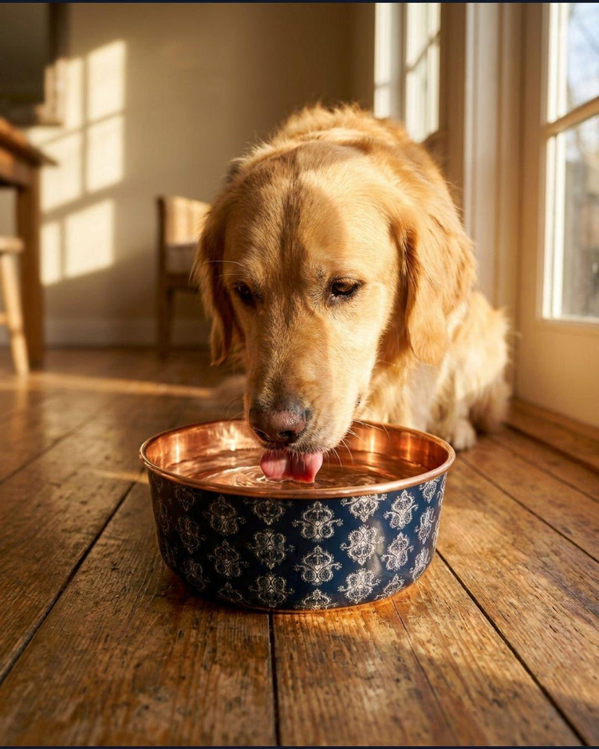 Golden Retriever drinking water from a DAMASK copper pet bowl on a wood floor