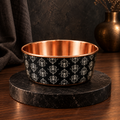 DAMASK handcrafted copper pet water bowl with navy blue and white damask pattern, displayed on a black marble stand