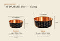 Embers Elements Damask copper pet water bowl sizing chart showing 6.25 inch Medium and 8.25 inch Large diameters, 3 inch height, capacity and recommended dog breeds