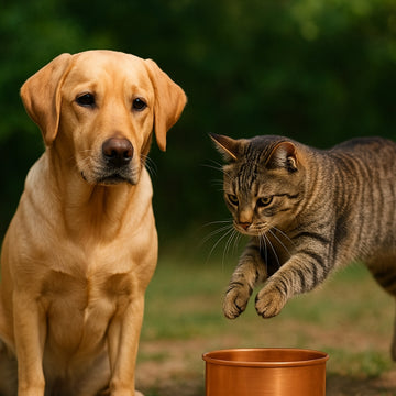 Dog and cat interacting with dune copper bowl