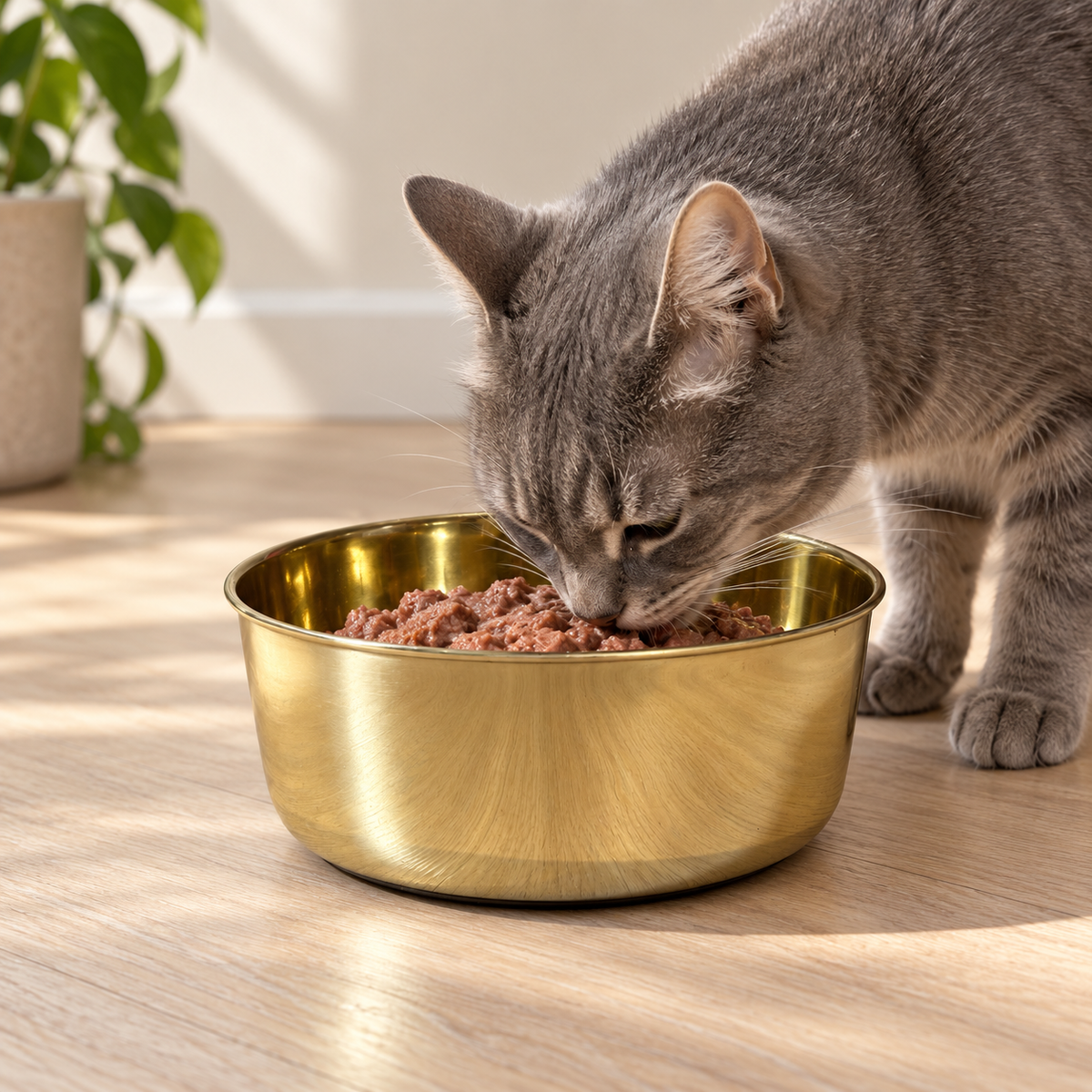 DUNE smooth-finish brass pet food bowl filled with beef and carrot stew, studio shot