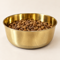 Black Labrador sitting behind the DUNE smooth-finish brass pet food bowl filled with kibble, on a tile floor