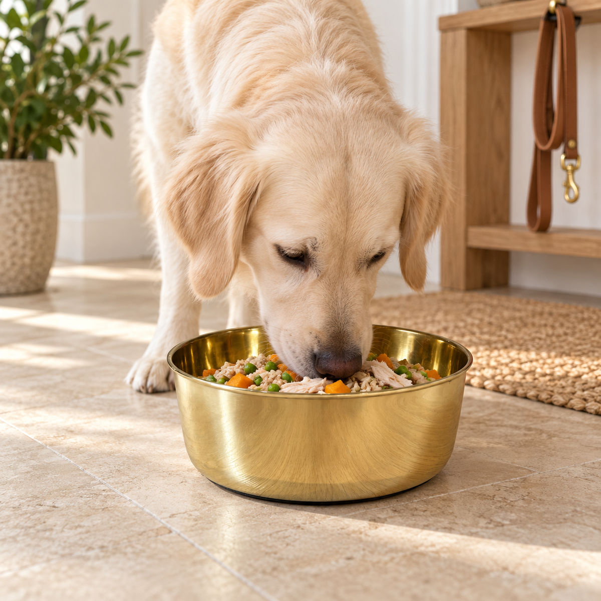 Golden Retriever eating a mixed wet and dry meal from the DUNE smooth-finish brass pet food bowl, on a tiled floor