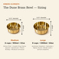 DUNE smooth-finish solid brass pet food bowl size guide showing Medium 32 oz and Large 64 oz dimensions