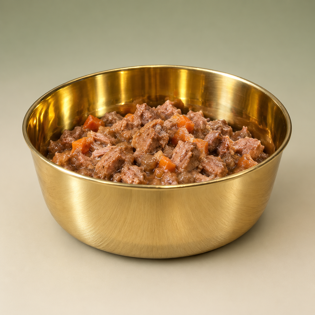 DUNE smooth-finish brass pet food bowl filled with dry kibble, studio shot on a cream background