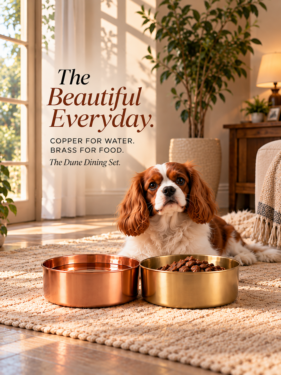 Cavalier King Charles Spaniel lying beside the DUNE polished copper pet water bowl and smooth brass pet food bowl, The Beautiful Everyday Dining Set