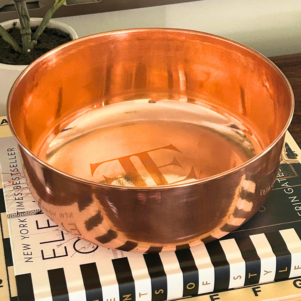 DUNE polished copper pet bowl with engraved base and smooth pure copper interior