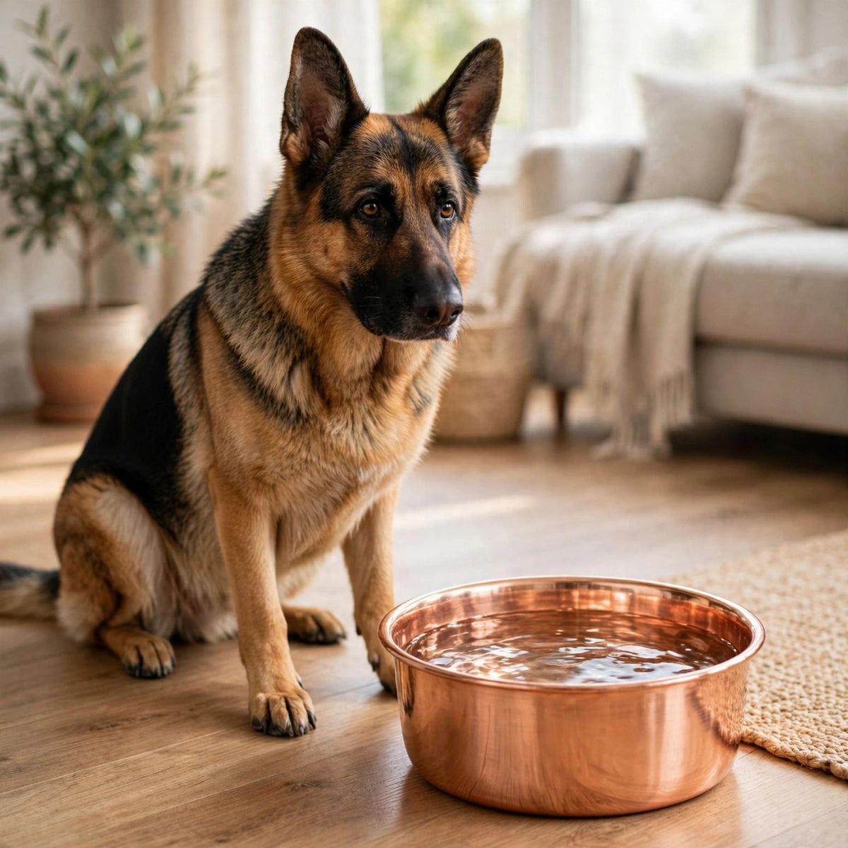 German Shepherd sitting beside a DUNE smooth polished 99.9% pure copper dog water bowl by Embers Elements