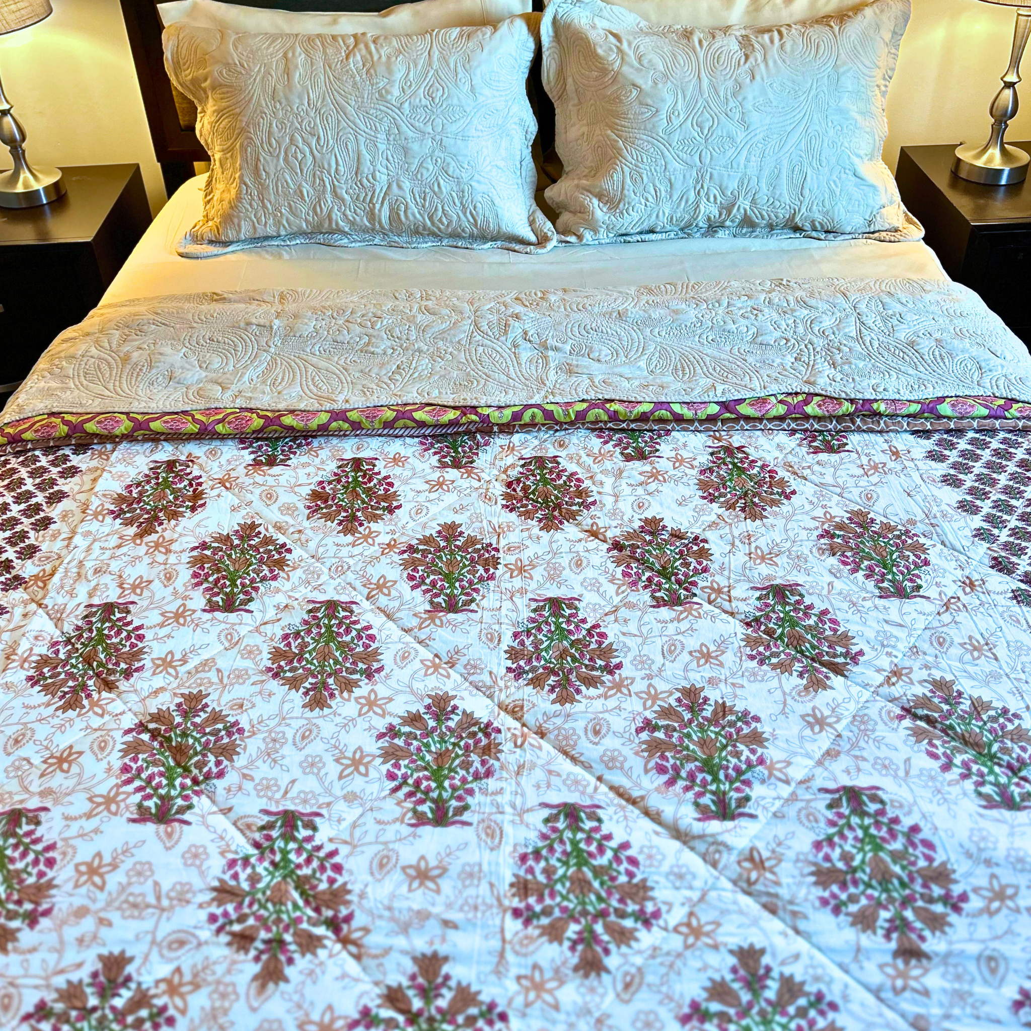 Floral design Jaipuri reversible cotton quilt.