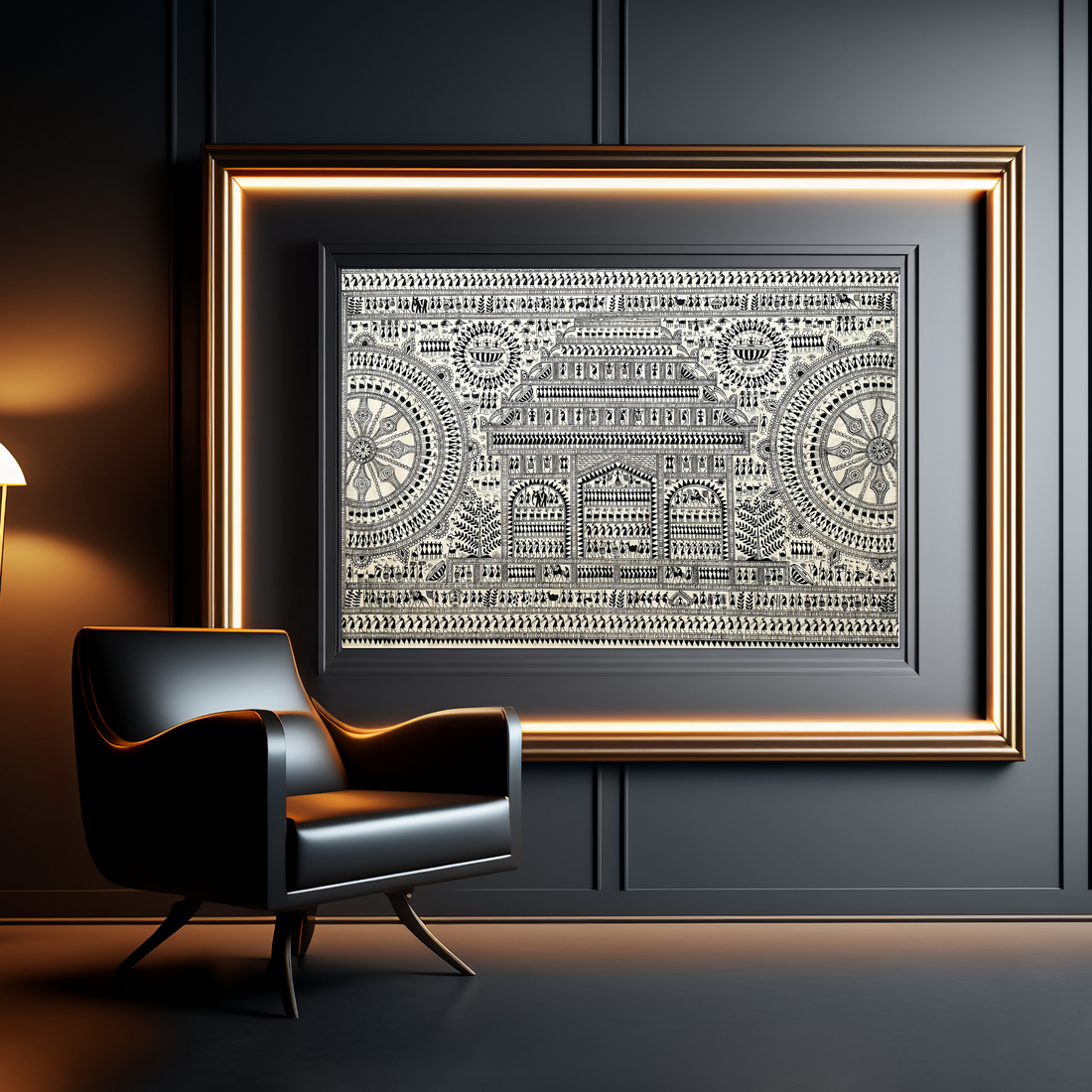 Tribal Warli black and white hand-painted Pattachitra wall hanging.