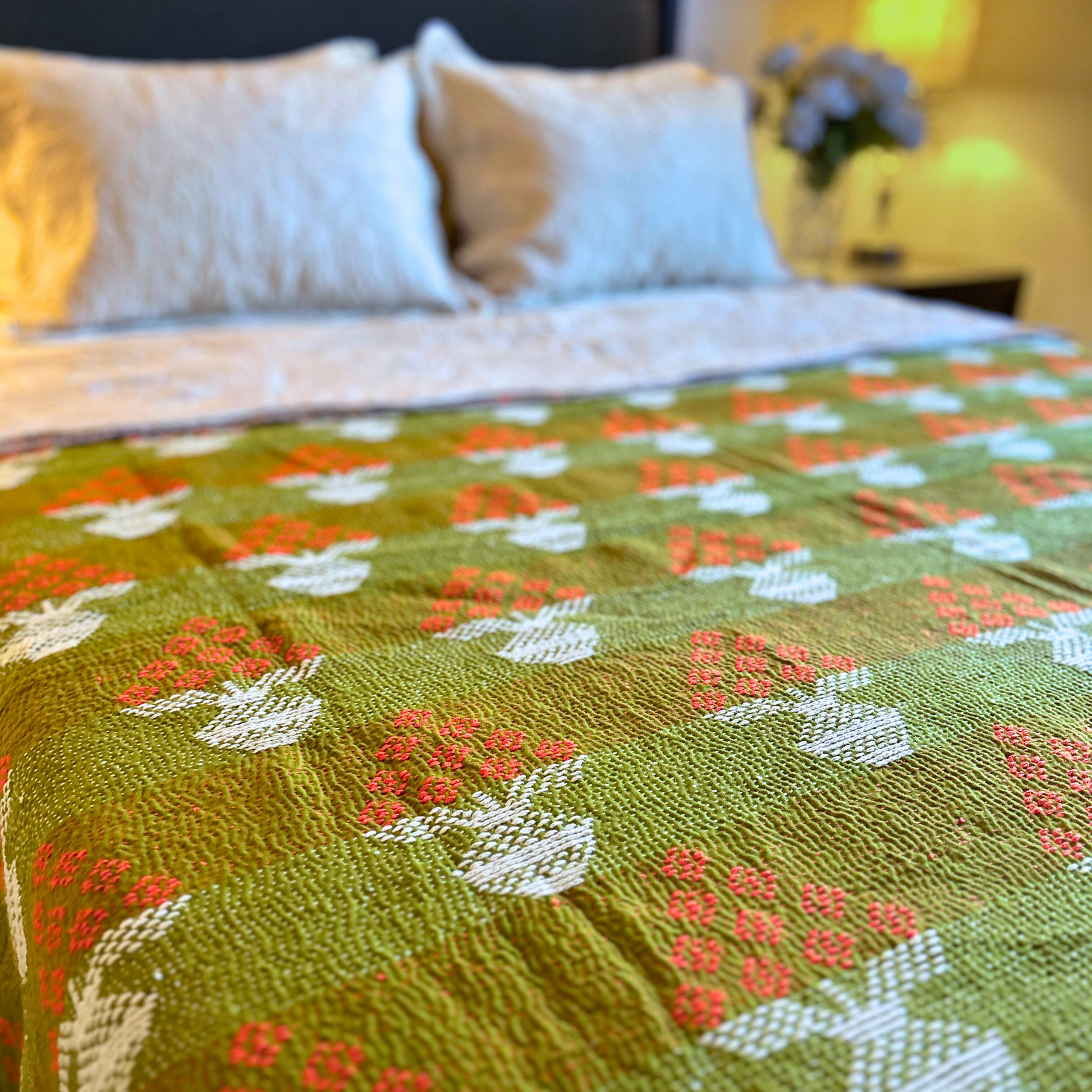 Cozy Kantha throw quilt in soft handmade cotton.