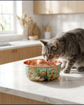 Cat drinking from a PALACE copper pet bowl on a kitchen counter