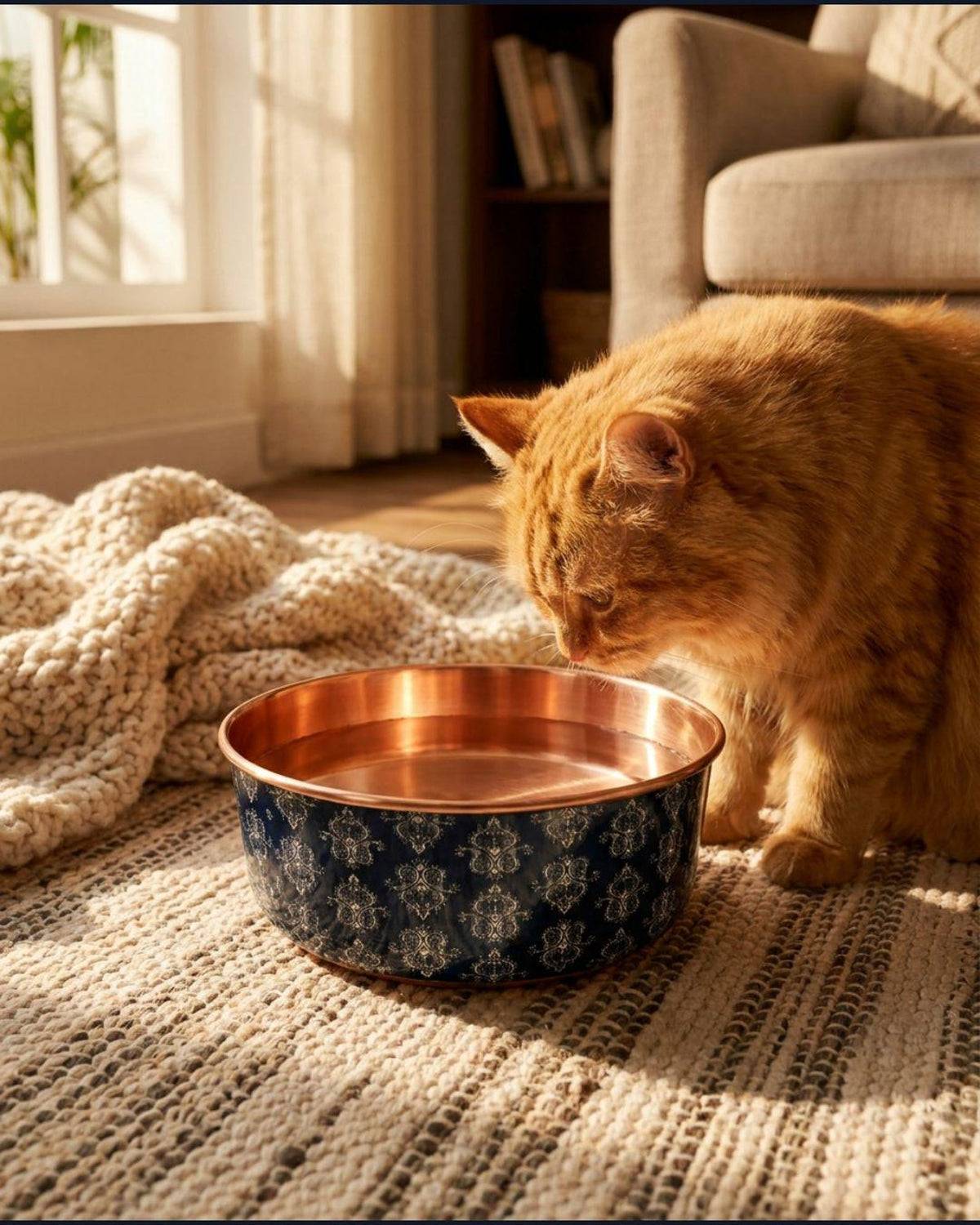 Puppy drinking from a DAMASK copper water bowl beside a sunlit window