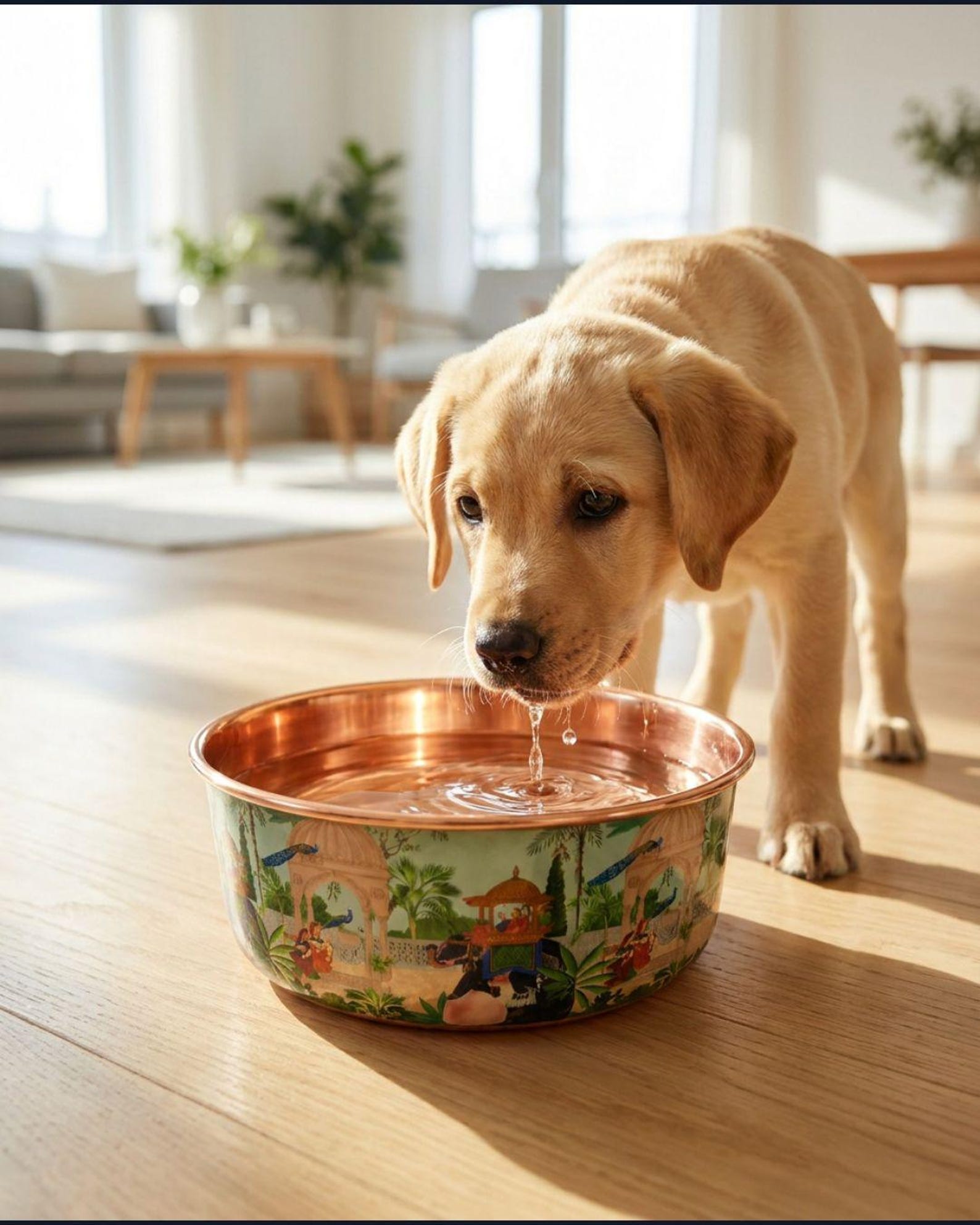 Dog drinking from a PALACE copper pet bowl on a kitchen counter
