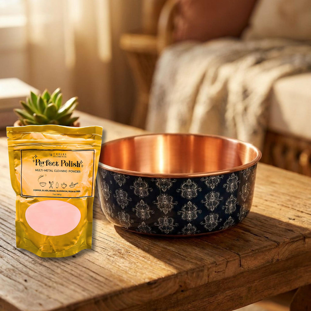 Damask patterned copper pet water bowl bundled with Perfect Polish copper and metal cleaner pouch