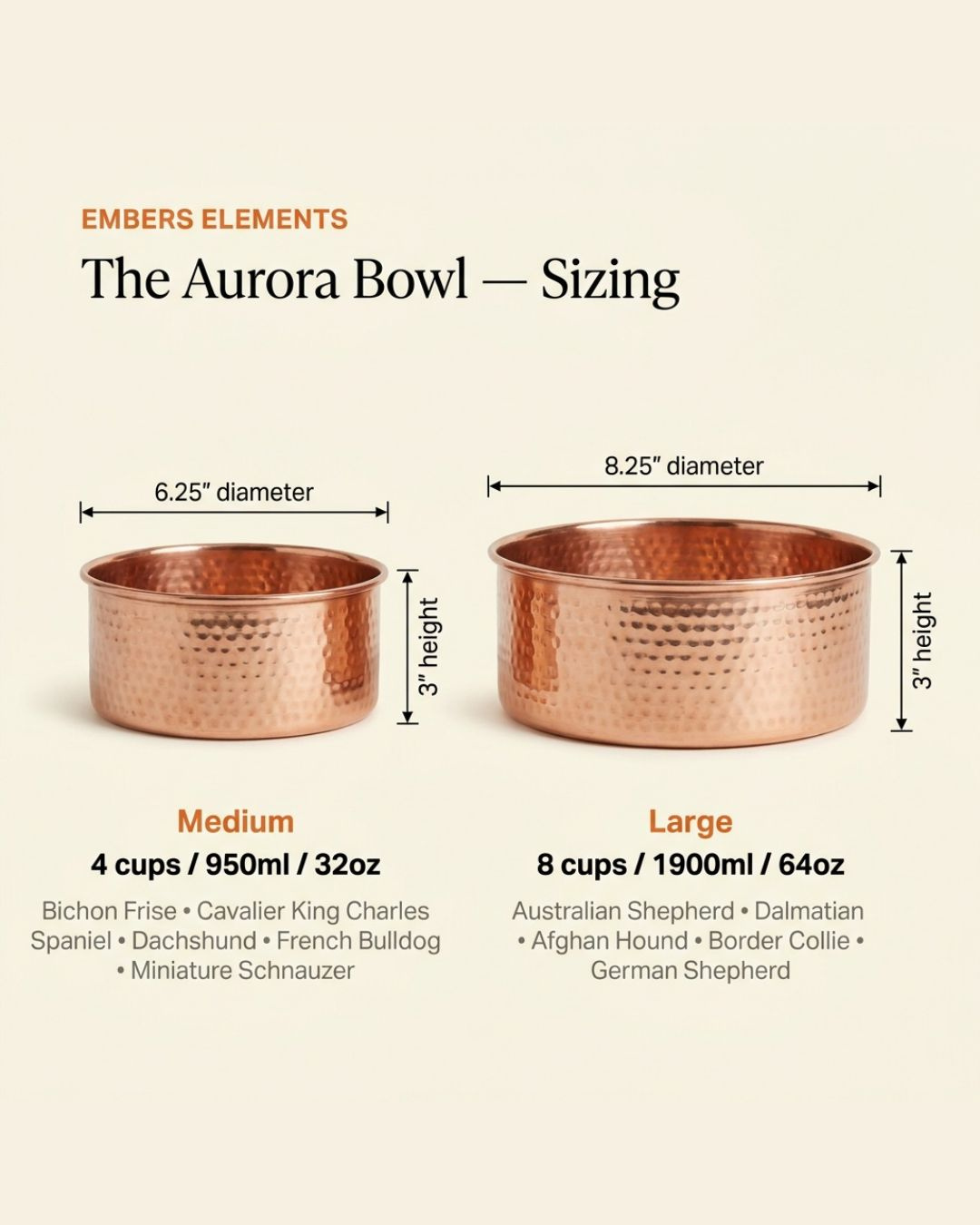 AURORA copper pet bowl sizing chart, Medium and Large dimensions