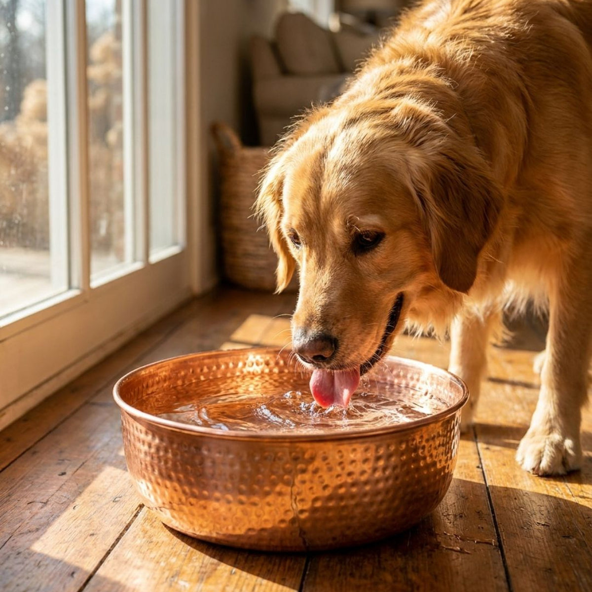 Golden Retriever drinking from AURORA hand-hammered copper pet bowl